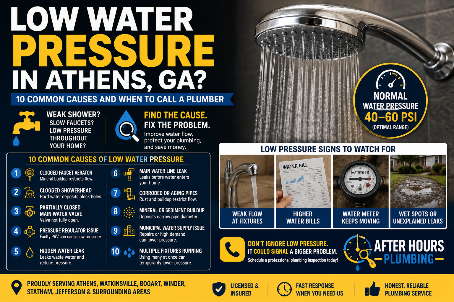 Low Water Pressure in Athens, GA? 10 Common Causes and When to Call a Plumber