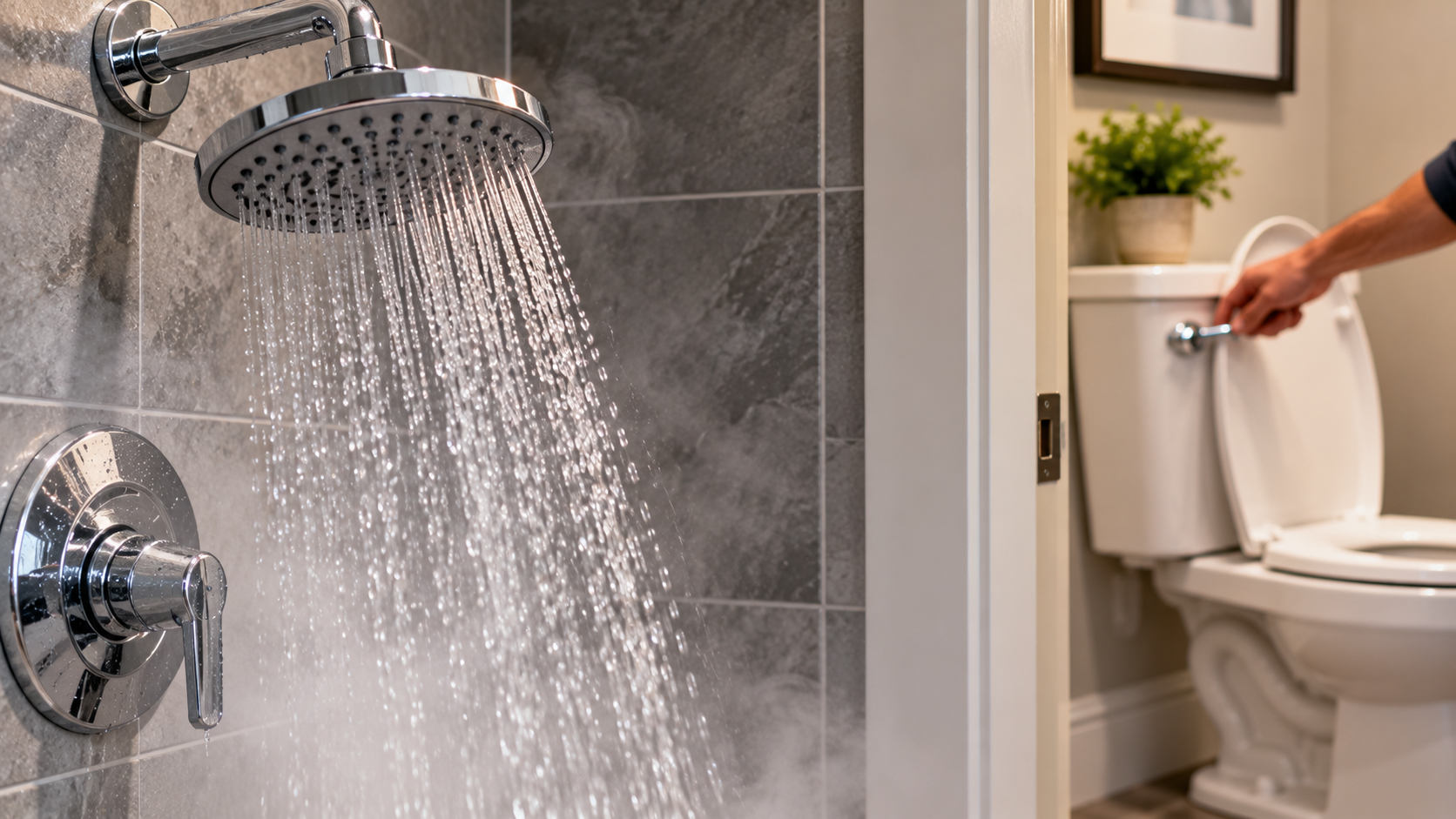 Shower running with a toilet flushing in the background, illustrating shower temperature changes in an Athens, GA home