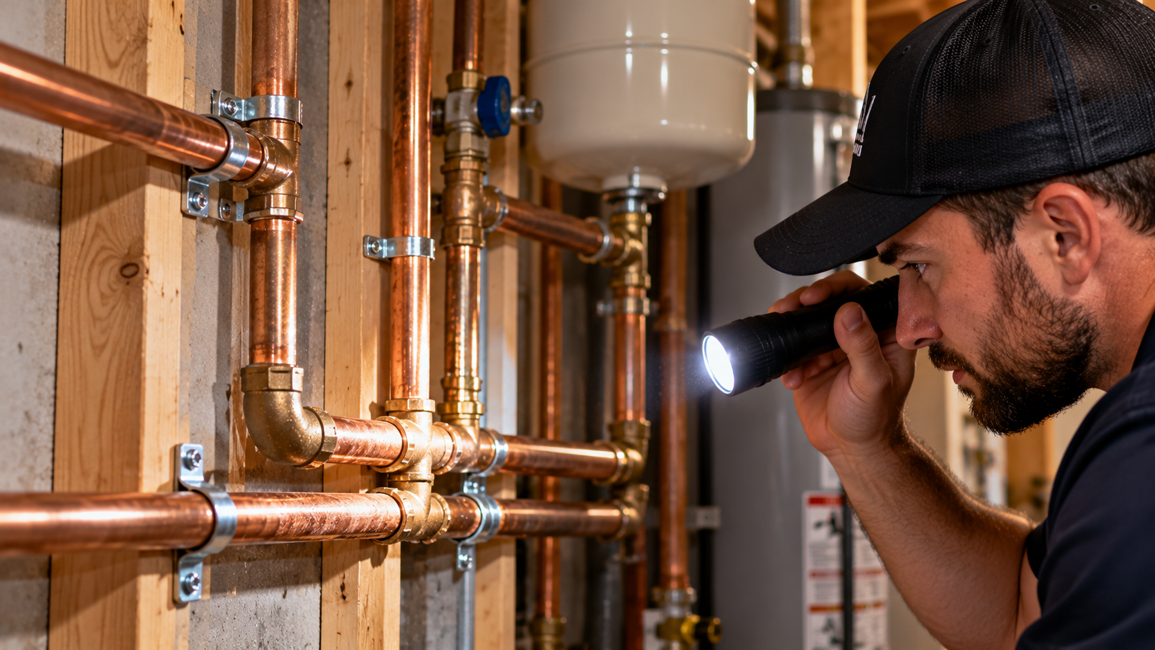 After Hours Plumbing technician inspecting copper pipes for water hammer in a Watkinsville, GA home