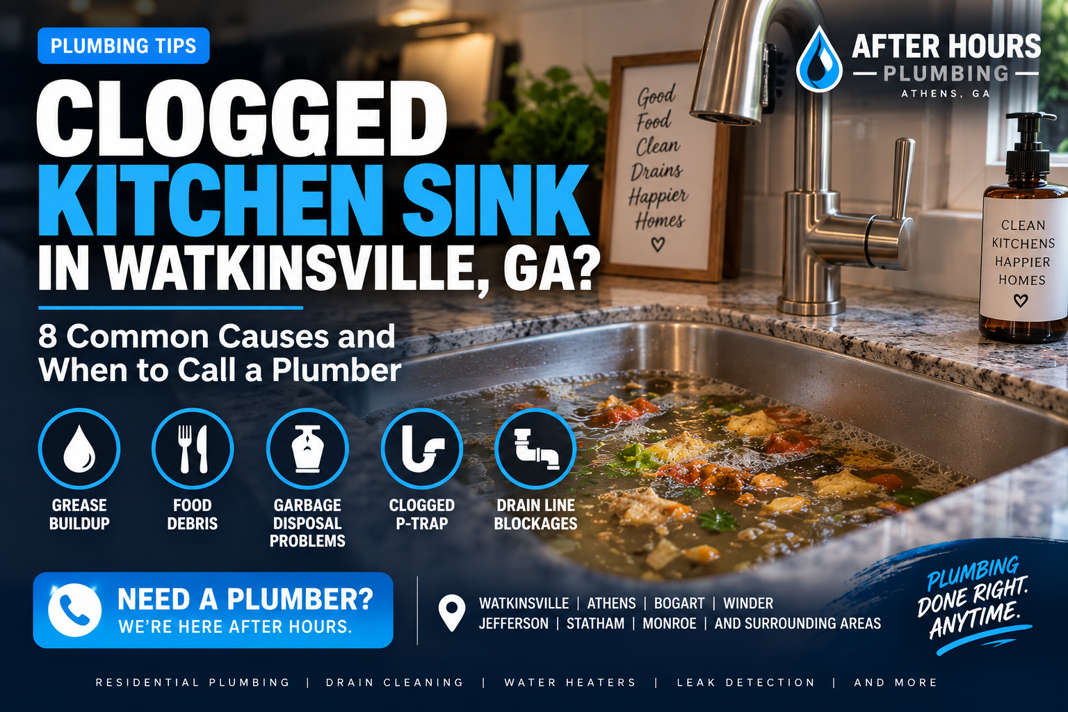 Clogged Kitchen Sink in Watkinsville, GA? 8 Common Causes and When to Call a Plumber