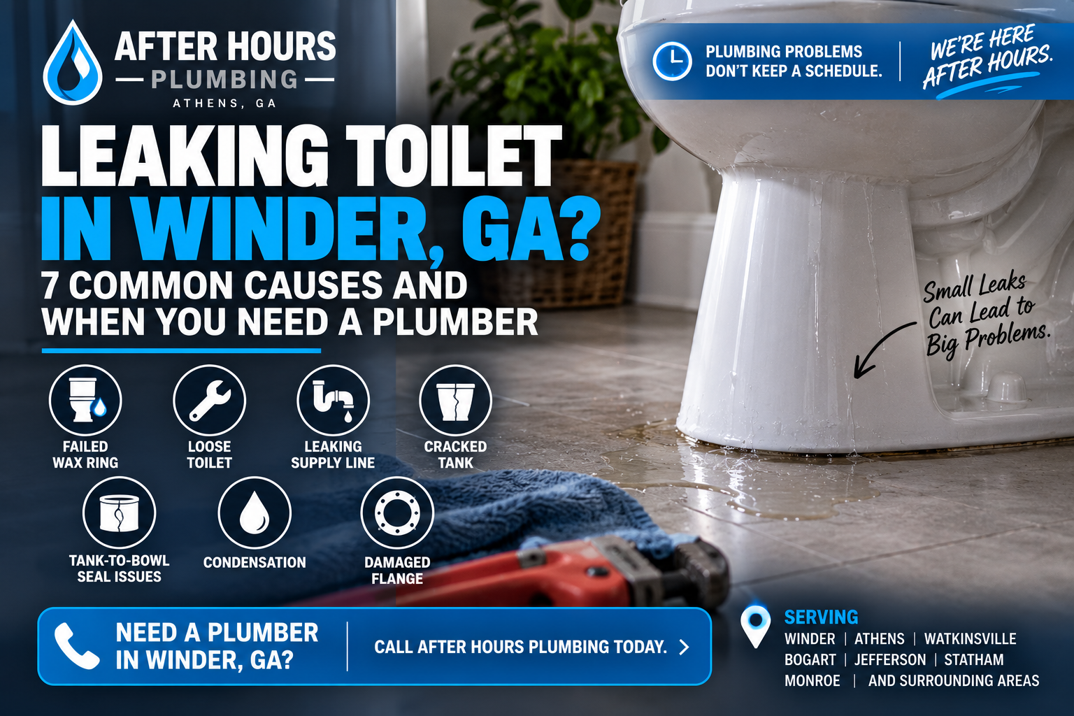 Leaking Toilet in Winder, GA? 7 Common Causes and When You Need a Plumber